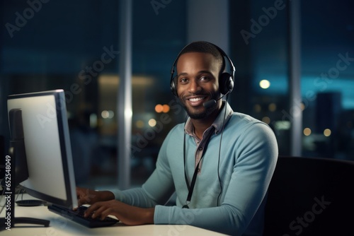 Black Male Customer Service Representative Professional Job Expertise Workplace Background Generative AI photo