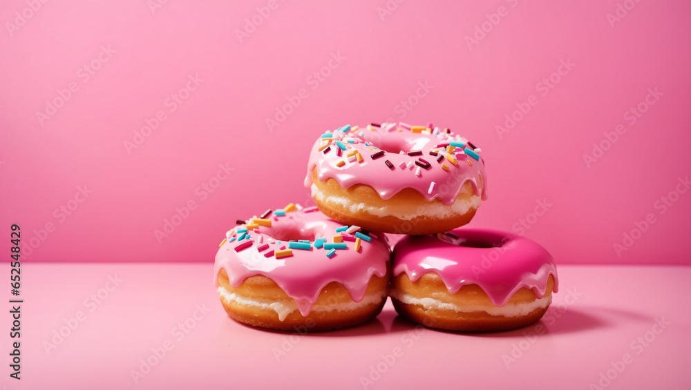 Delicious donuts on pink background. Backdrop with copy space Delicious donuts on pink background. Backdrop with copy space