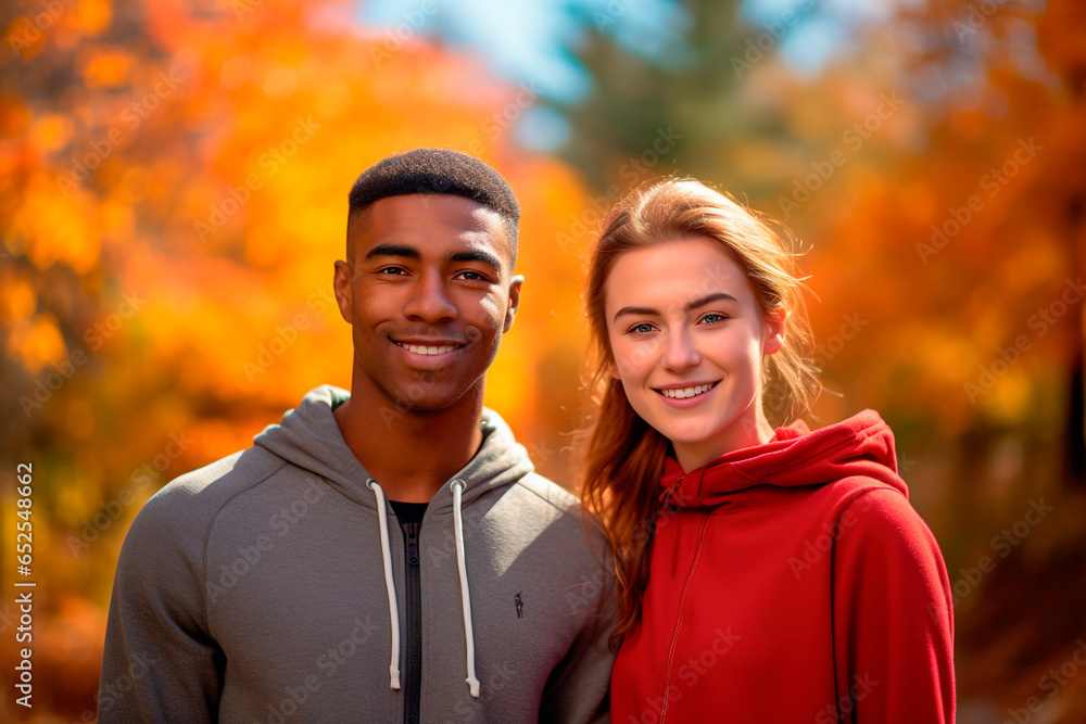Multi ethnic young couple portrait after exercising in the park with colors of autumn as background