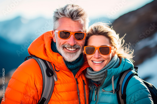 Mature Caucasian couple enjoying the outdoors in the snow for winter holidays