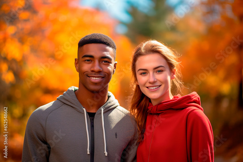 Multi ethnic young couple portrait after exercising in the park with colors of autumn as background