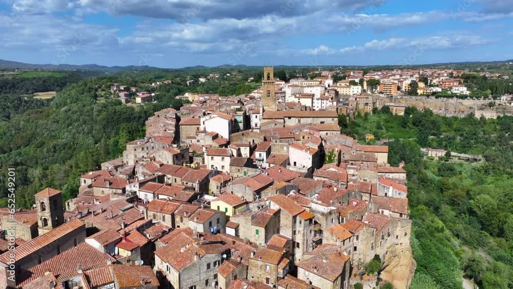 Aerial View of Medieval Pitigliano Town in Tuscany, Grosseto Province, Italy. Scenic Landscape of Historic Village in Southern Tuscany Aerial View of Medieval Pitigliano Town in Tuscany, Grosseto Province, Italy. Scenic Landscape of Historic Village in Southern Tuscany