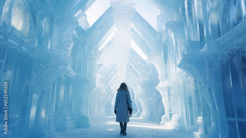 Woman walking through an ice palace. 
