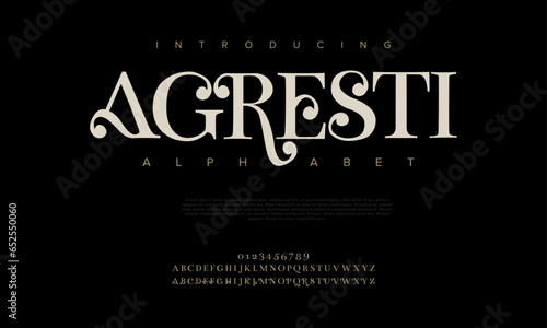 Agresti premium luxury elegant alphabet letters and numbers. Elegant wedding typography classic serif font decorative vintage retro. Creative vector illustration