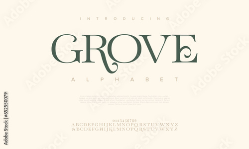Grove premium luxury elegant alphabet letters and numbers. Elegant wedding typography classic serif font decorative vintage retro. Creative vector illustration