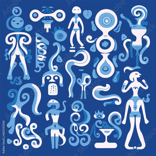 A series of blue people and animal illustrations