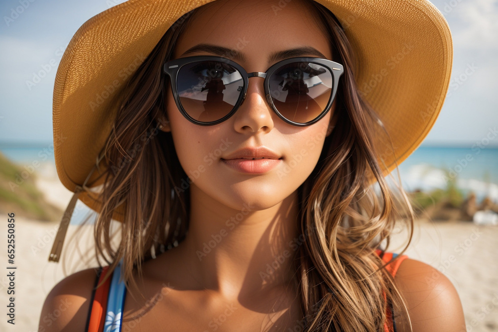 Portrait of a beautiful girl model wearing glasses and a hat on holiday at the beach Portrait of a beautiful girl model wearing glasses and a hat on holiday at the beach