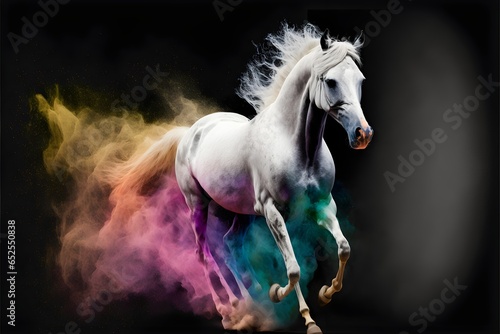 white horse running in colorful powder 
