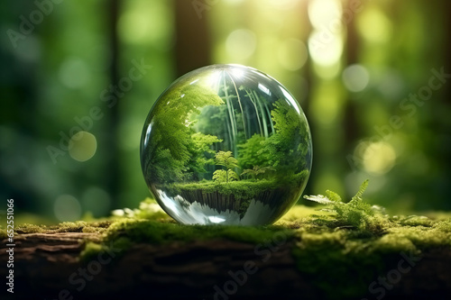 Environment Concept, Globe world Glass In Green Forest With Sunlight. Environment save and ecology theme concept.