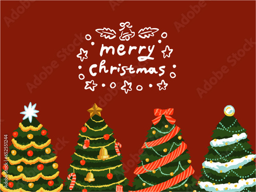 いろいろなカラフルクリスマスツリーの手描き風イラスト　赤バックメリークリスマスシンプル背景