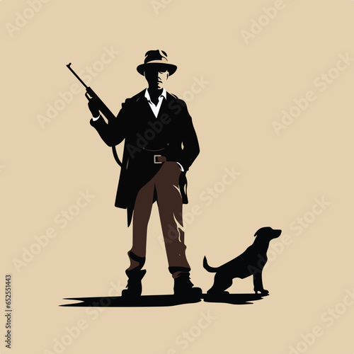A silhouette of man with a dog holding a gun