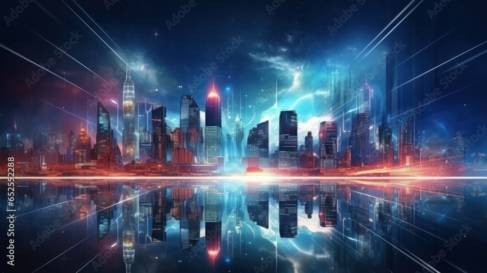Fototapeta premium cityscape with space and neon light effect. Modern hi-tech, science, futuristic technology concept. Abstract digital high tech city design for banner background.