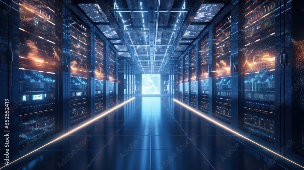 Shot of Corridor in Working Data Center Full of Rack Servers and Supercomputers with Internet connection Visualization Projection, technology, digital, futuristic, future, Shot of Corridor in Working Data Center Full of Rack Servers and Supercomputers with Internet connection Visualization Projection, technology, digital, futuristic, future,