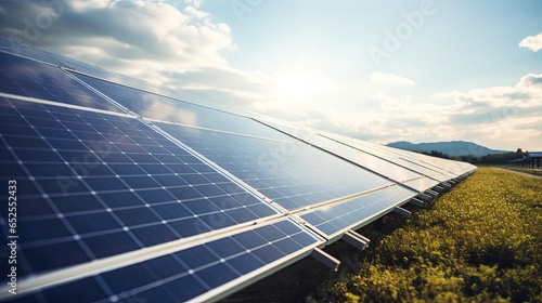 Solar cell in solar farm  Alternative energy and sustainable energy  photovoltaic  Pure energy renewable  clean energy  solar energy  reduce global warming  environment  green energy  generate by .AI