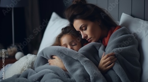 asian woman take care of little ill daughter. Sick child lying on bed under blanket  with worried. single mom taking care of sick daughter at home. child has a high fever. covers on the couch and ill