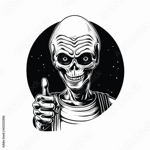 An alien gives a thumbs up, black and white realism, rounded