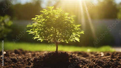 Small Tree Growing in Garden  Sunshine Backlight Eco-Concept