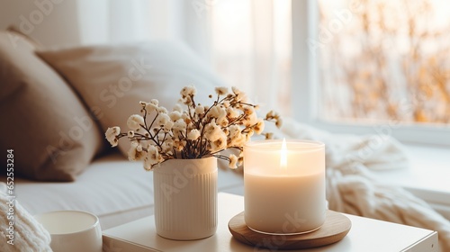 Flowers in vase and aromatheraphy candles in living room, cosy winter interior home decor, calm and relax living mockup arrangement, Generative ai
