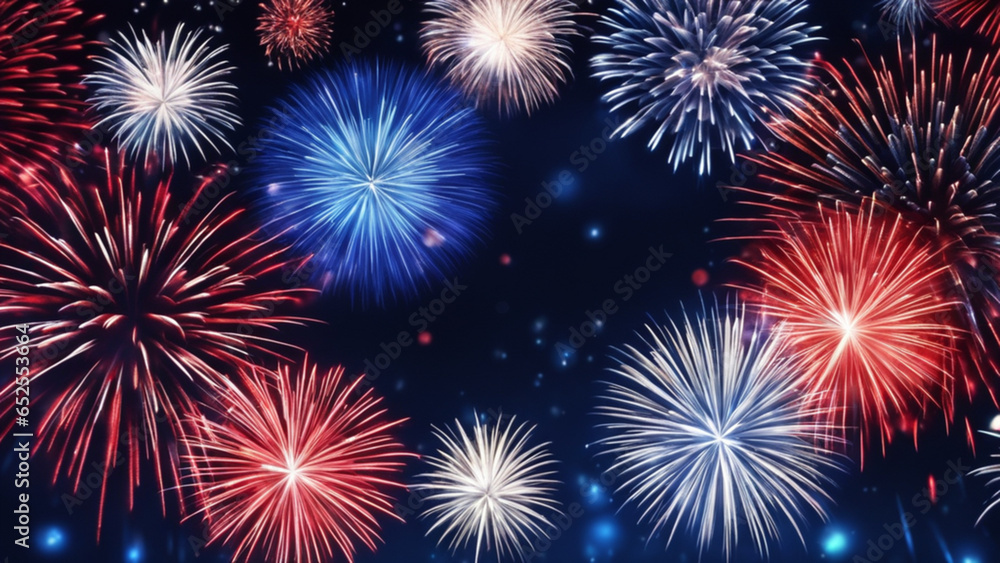 blue red white fireworks bokeh background

