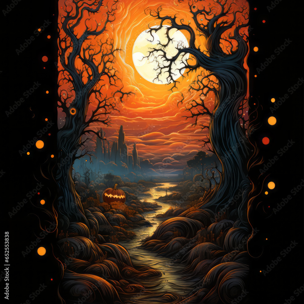 a Halloween scene with pumpkins poster art

