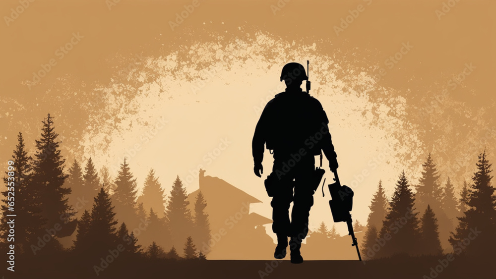 veteran illustration silhouette on a light brown background