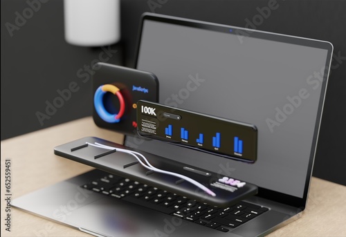 laptop desktop 3d ,dashboard admin template AI analysis data elegant black background
