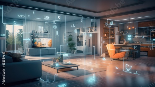 Smart home technology. Home showing smart connected appliances and visualization of technology in the home. generative AI