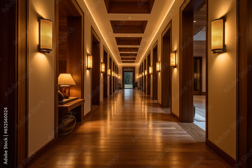 A harmonious blend of warm earthy tones, elegant wooden accents, and soft ambient lighting creates a serene and sophisticated minimalist hallway interior with a stylish contemporary aesthetic.
