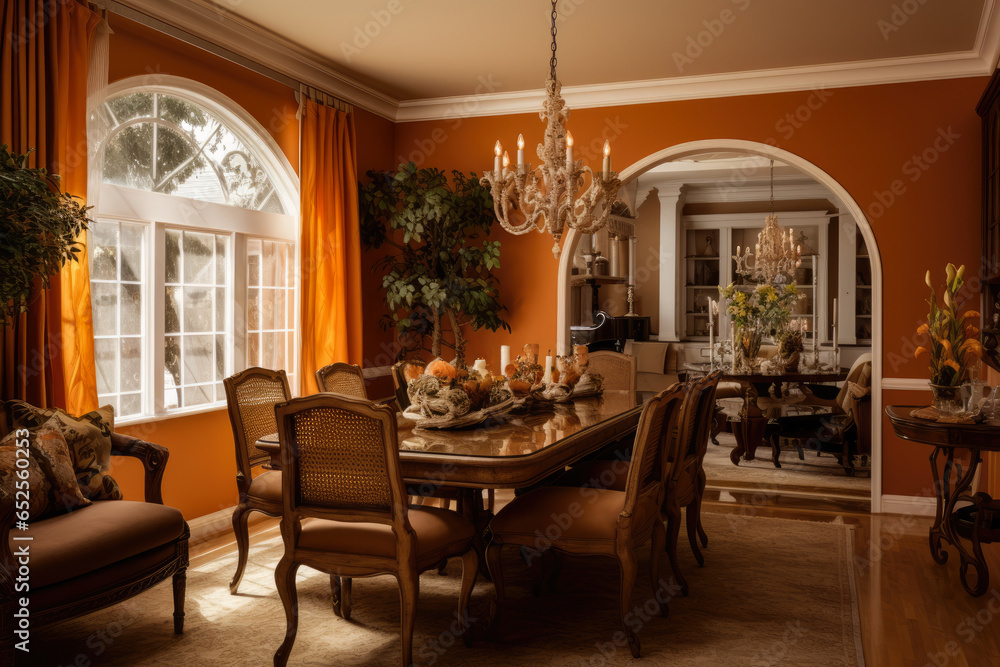 An Elegant Dining Room with Warm Orange and Brown Colors, Stylish Furniture, and Cozy Decorative Accents, Creating a Comfortable and Inviting Ambience.