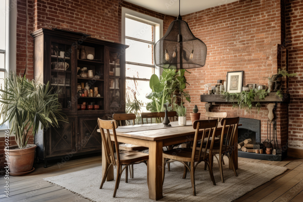 An Inviting Cozy Dining Room with Exposed Brick, Eclectic Patterns, and Vintage Charm, Creating a Trendy Industrial Bohemian Ambiance. An Inviting Cozy Dining Room with Exposed Brick, Eclectic Patterns, and Vintage Charm, Creating a Trendy Industrial Bohemian Ambiance.