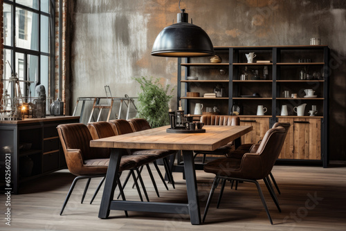 Captivating Vintage Industrial Dining Room with Distressed Furniture  Metal Fixtures  and Vintage Charm  showcasing Elegant Interior Design and Vintage-inspired Decor.