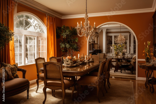 An Elegant Dining Room with Warm Orange and Brown Colors, Stylish Furniture, and Cozy Decorative Accents, Creating a Comfortable and Inviting Ambience.