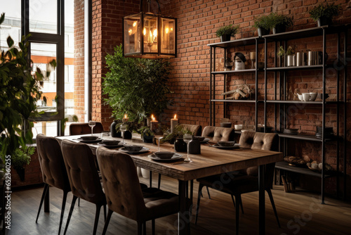 An inviting, elegant and spacious dining room with an industrial chic style, featuring exposed brick walls, striking metal fixtures, and comfortable vintage furniture, creating a unique