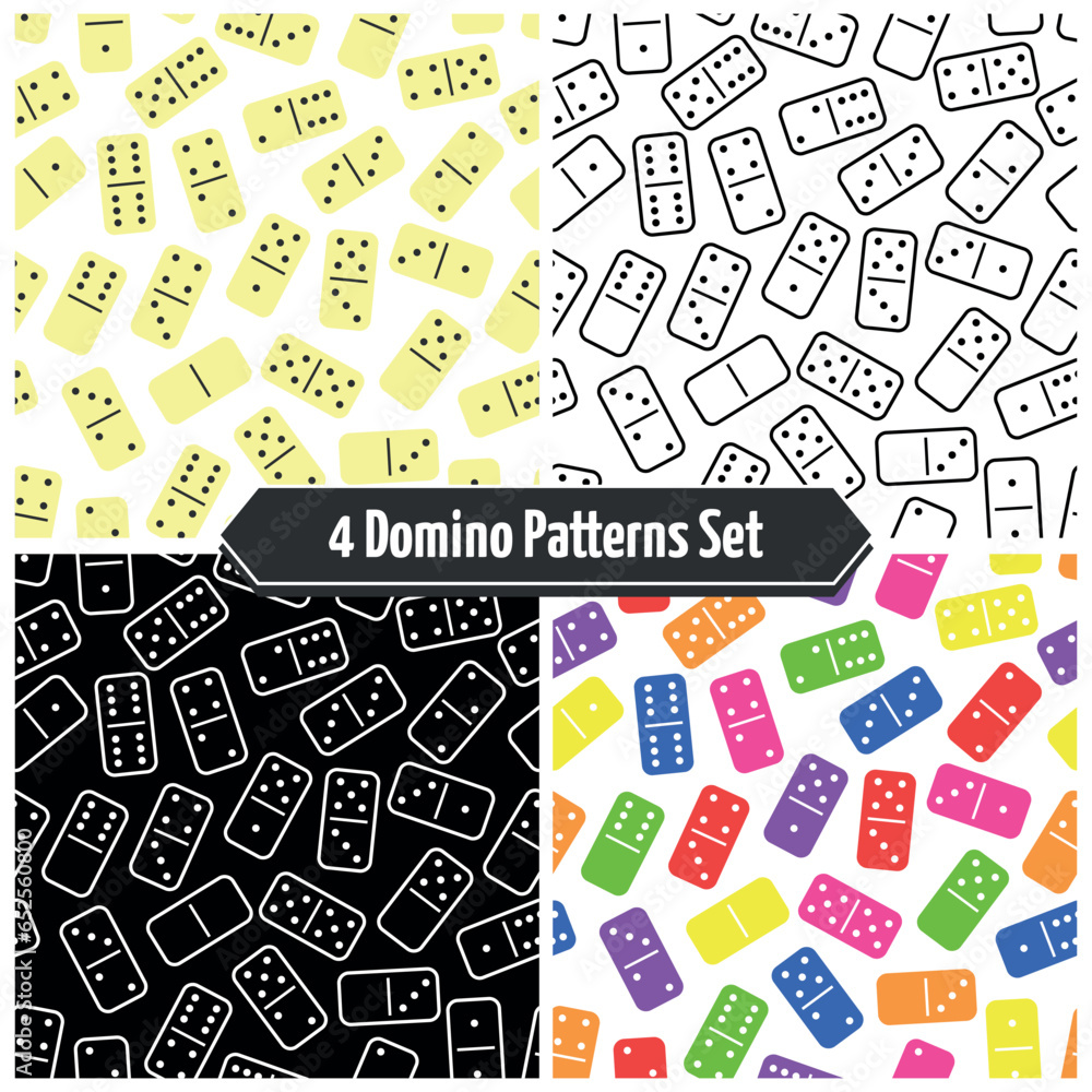Set of 4 Domino Patterns - Messy Dominoes Bone, Black, White, Outlines and Colored. Seamless link.