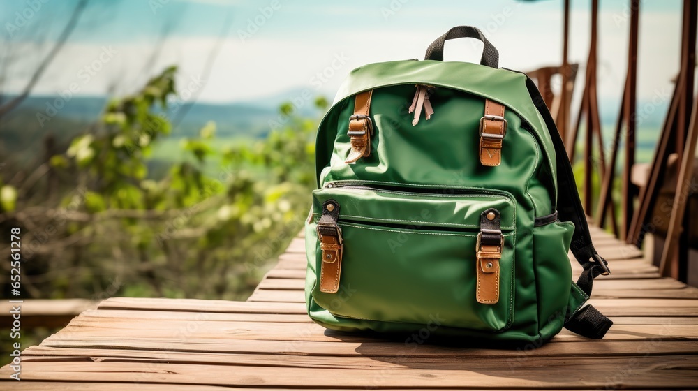 School Bag in wooden table road background School Bag in wooden table road background