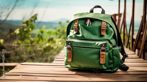 School Bag in wooden table road background