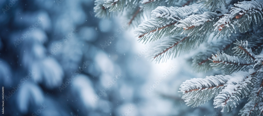 Christmas background with pine tree branch on snow