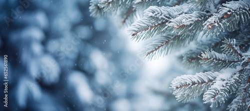 Christmas background with pine tree branch on snow