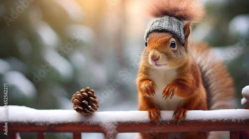 Cute red squirrel sitting on a snowy tree trunk in a winter forest