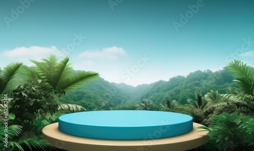 Wooden Cosmetic Product Display Podium with Lush Green Nature Garden Background, Product Podium © Mr. Muzammil