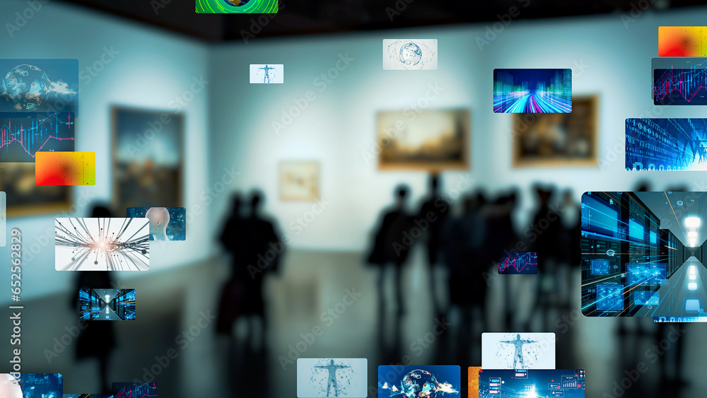 People viewing the exhibition and digital content. Virtual museum. - obrazy, fototapety, plakaty 