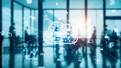 Cloud computing concept. Group of people meeting in office.