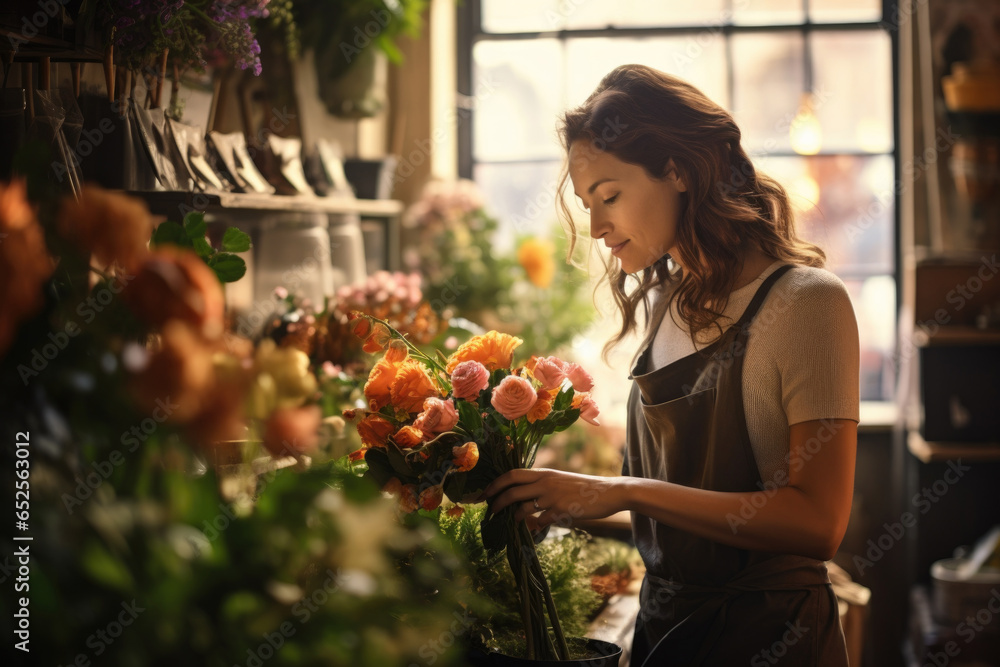 Portrait of beautiful florist at a flower shop
