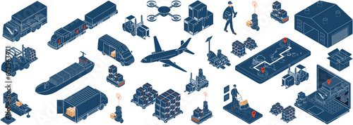 Third party logistics concept with Autonomous robots, Robot arm, Cardboard Box, Transport, Truck, Export, Import, Industry 4.0, Warehouse and Factory automation. 
