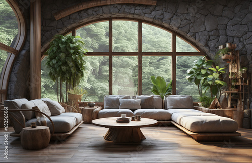 a wooden living room with a stone floor