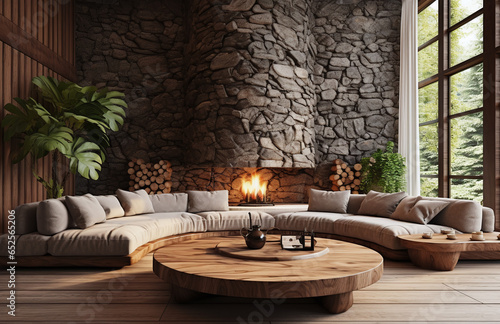 a wooden living room with a stone floor © living room