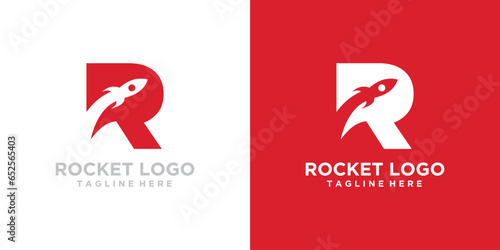 R letter with flying rocket ship silhouette icon. the combination of the letter R and the upward movement of the rocket