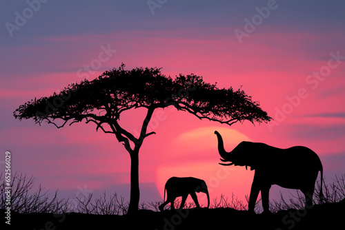 Elephants standing under tree at sunrise on the Massai Mara © David Davis
