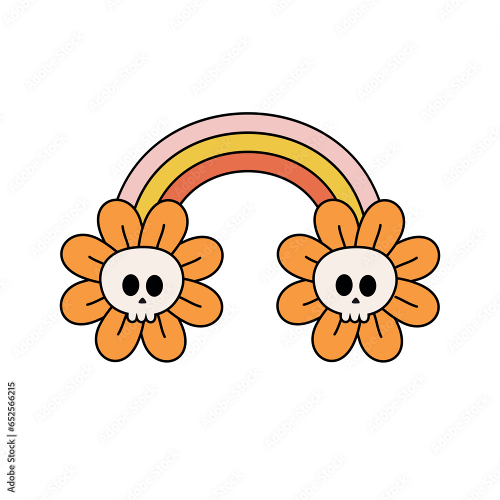 Vector groovy halloween rainbow with skull and flower isolated on white background Vector groovy halloween rainbow with skull and flower isolated on white background