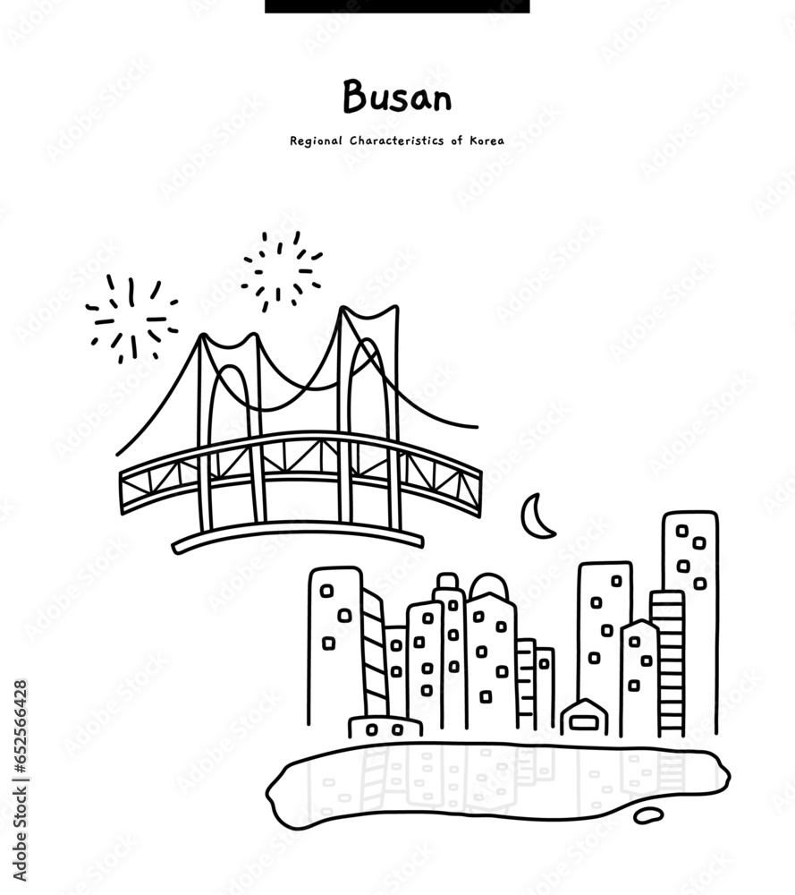 This illustration is 'Gwangan Bridge Fireworks Festival' and 'Night View of Haeundae The Bay 101', which are famous places in Busan, Korea.